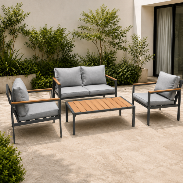 LIVING DE TERRAZA DE 4 PIEZAS CON DETALLES TIPO MADERA