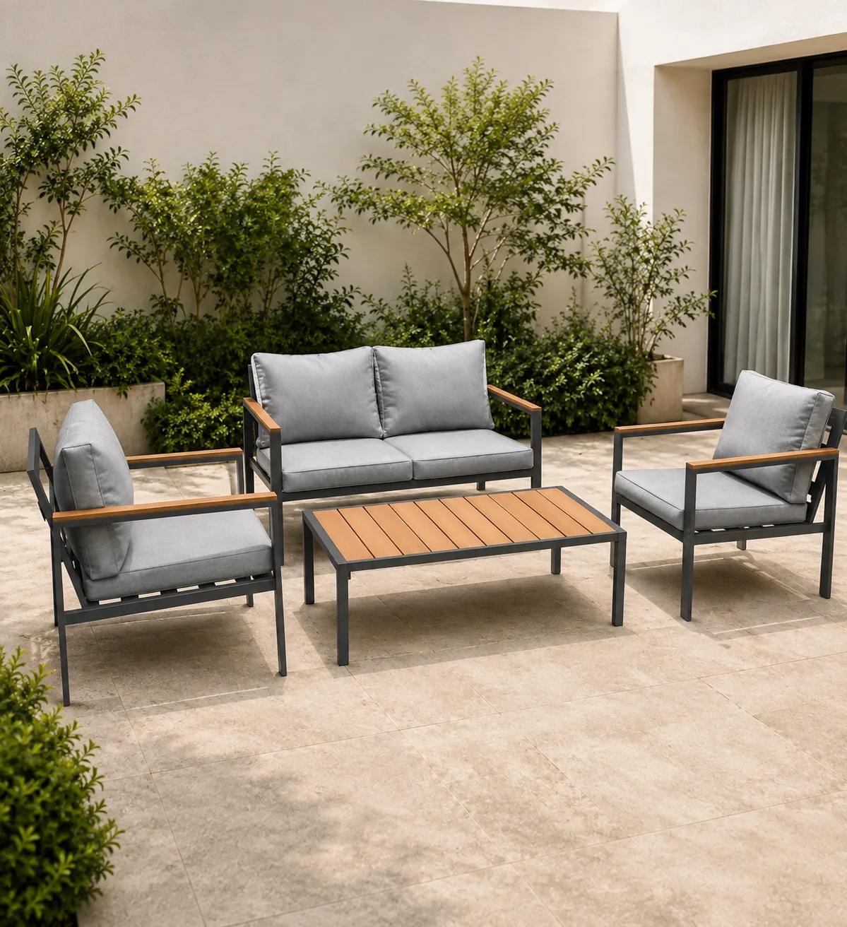 Living de terraza de 4 piezas con detalles tipo madera