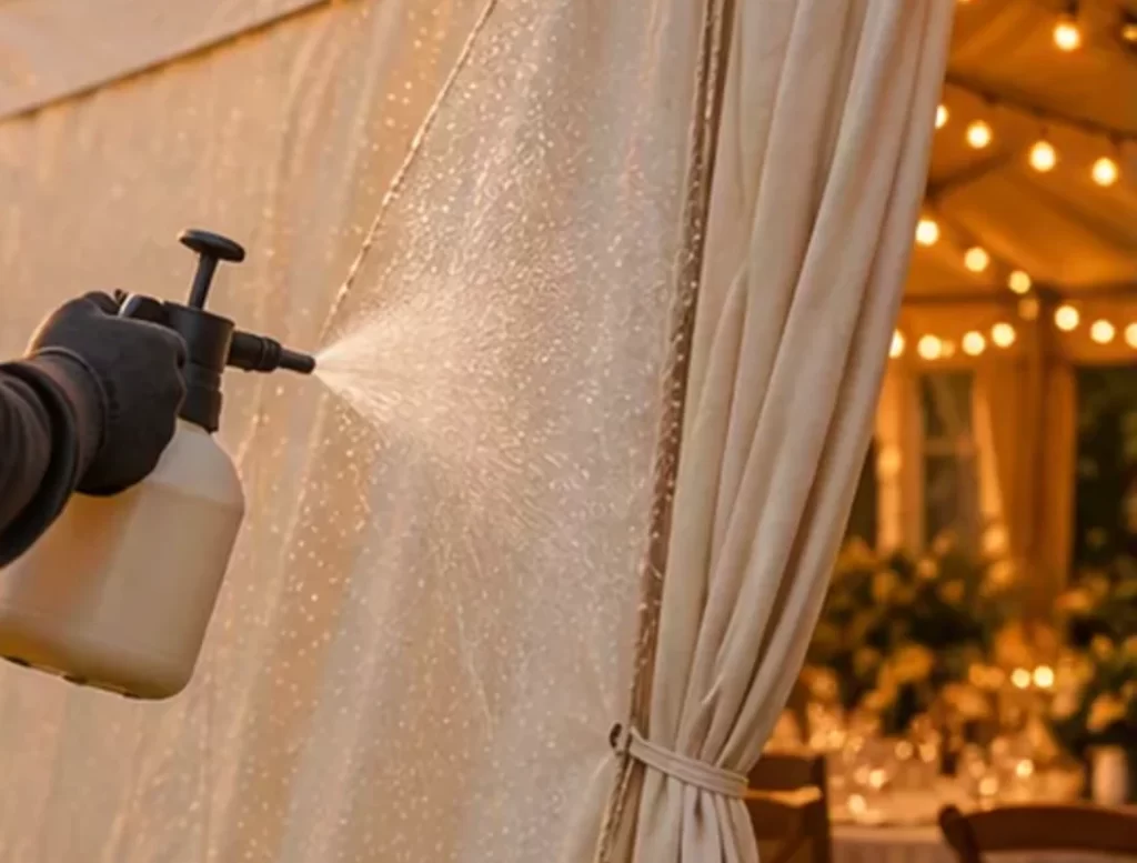 Cómo ignifugar cortinas: aplicación de ignífugo AF7000-TX con pulverizador sobre cortina de carpa para eventos