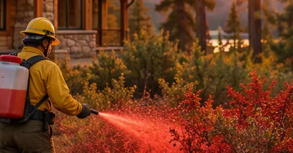 Cómo proteger tu casa de un incendio forestal: brigadista aplica retardante de fuego forestal rojo sobre matorrales